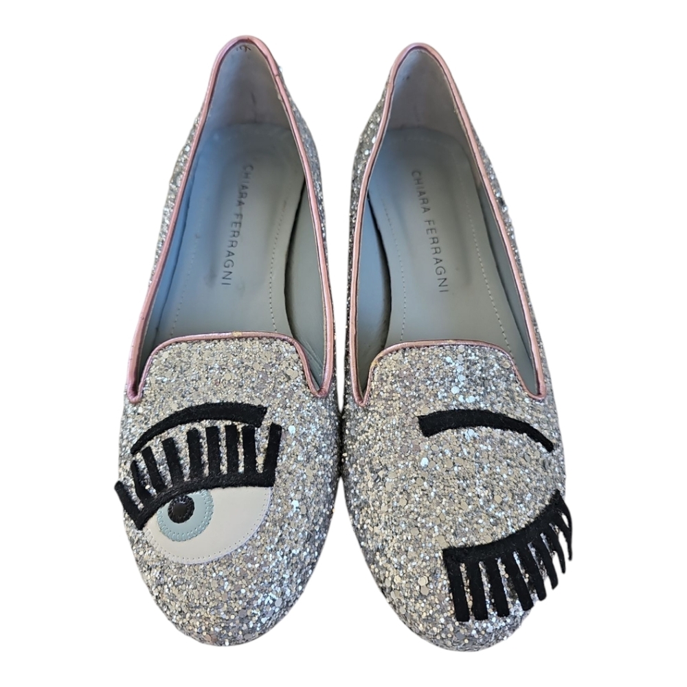 Chiara Ferragni Flirting Wink Glitter Italian Leather Flats Size EU 36 US 6